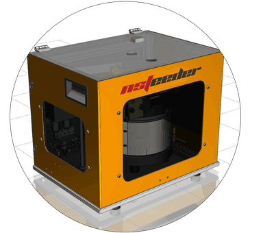 NSFeeder screw feeder 3D CAD render with orange housing and nsfeeder logo