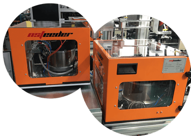 Two NSFeeder NSF-R screw feeder units with orange frames, transparent windows, and technical nameplate