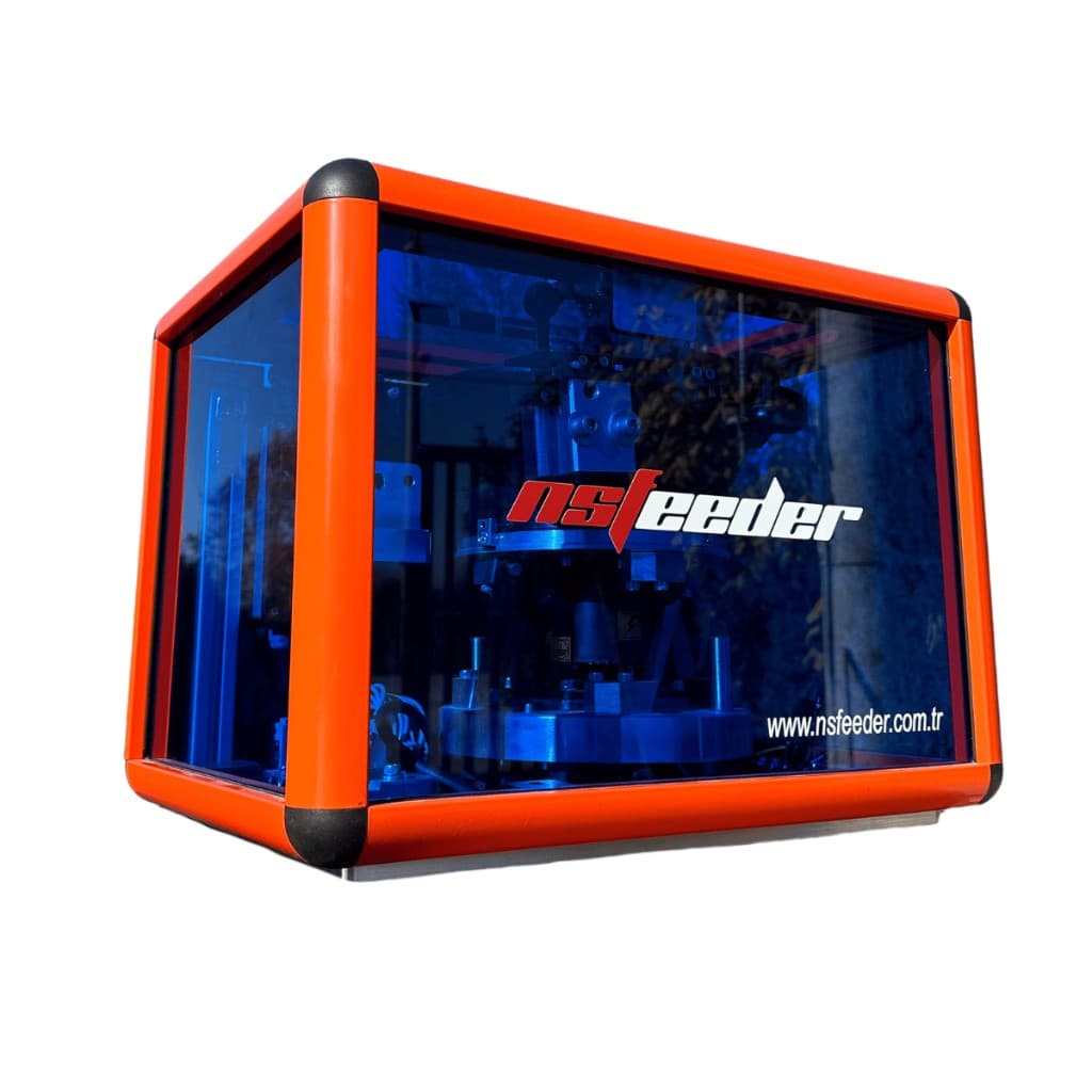 NSFeeder industrial screw feeder — orange enclosure with transparent lid, nsfeeder branding